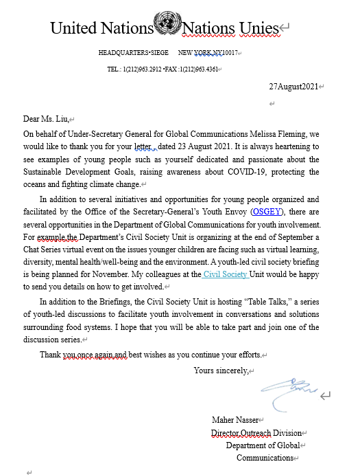 联合国全球传播部回信Harmony Liu呼吁青少年关注全球社会公共问题